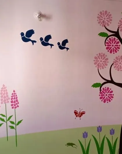 A duplicate image of the bright, stenciled nature scene, perfect for a nursery or playroom.