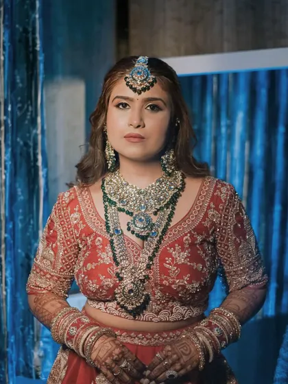 A close-up of Pooja's bridal look. The intricate jewelry is the star, so I kept the makeup elegant and defined to complement it perfectly.