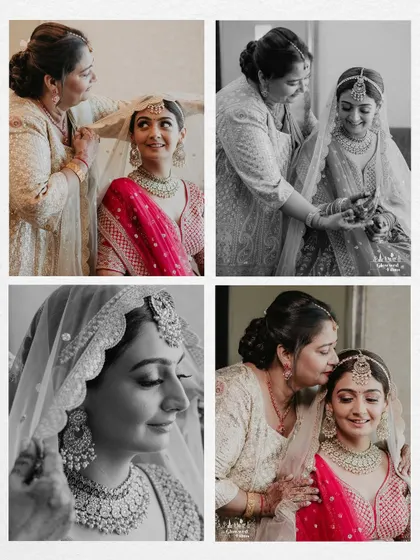 A collage of tender moments between the bride, Shivani, and her mother, capturing the love and blessings shared while getting ready.