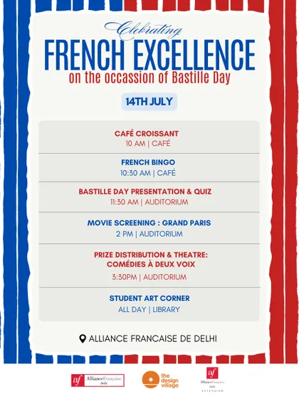 The official schedule of events for our Bastille Day celebration. The list includes Café Croissant, French Bingo, a quiz, a movie screening, and theatre, offering a full day of French cultural immersion.
