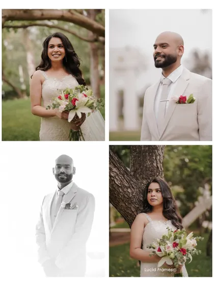 A collage of classic bride and groom portraits, showcasing both color and high-key black-and-white styles.