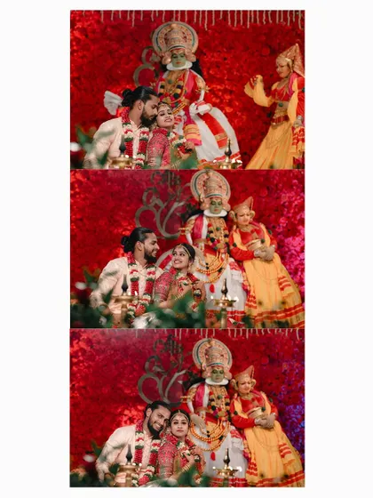 A collage showing a couple posing with traditional Kathakali dancers, a unique feature of their Kerala wedding.