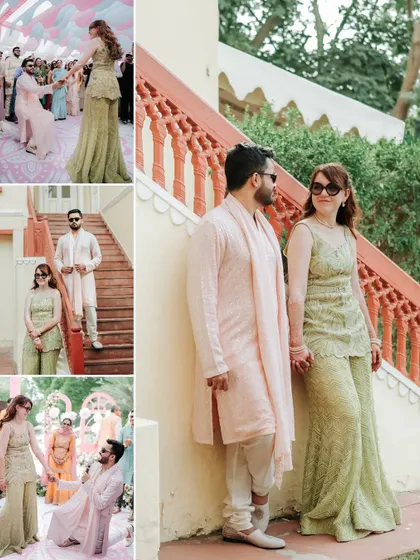 A collage showcasing the couple's stylish pastel outfits and candid moments from their Mehendi, set against the beautiful architecture of the venue.