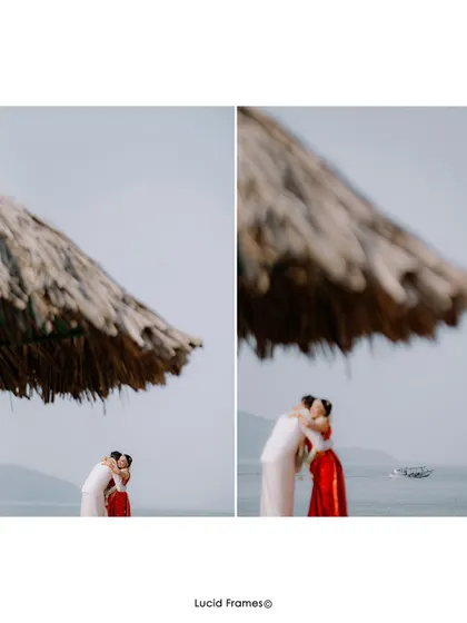 An artistic diptych of the couple embracing on the beach, framed by a rustic beach umbrella.