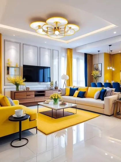 A vibrant and modern living room with a bold yellow and blue color scheme. The clean lines of the furniture and the geometric patterns on the wall create a playful yet sophisticated look.