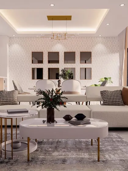 A bright and airy living room from the 'Eleganza' series, with a large sofa, nested coffee tables, and a view of the dining area.