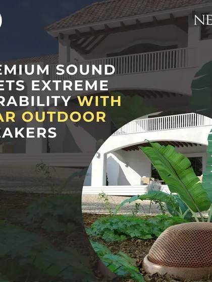 Premium sound meets extreme durability. NEAR outdoor speakers, shown here blending into a garden, are designed to deliver audiophile-grade performance while withstanding the harshest weather conditions.