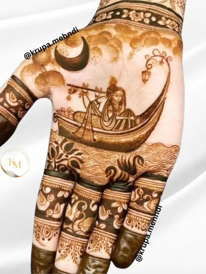 Radha and Krishna enjoying a boat ride under the moonlight. This narrative portrait is a beautiful and romantic way to incorporate divine love into your henna.