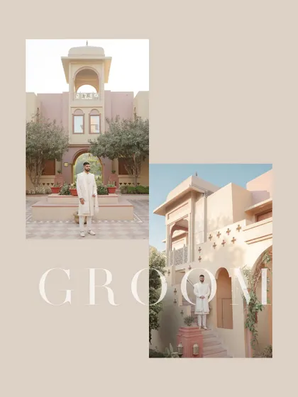 A stylish collage dedicated to the groom, showing him in his elegant white sherwani against the clean lines of the modern-heritage venue.