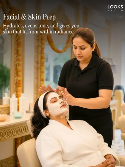 Skin preparation is crucial for a lasting bridal glow. This image shows a custom facial in progress, designed to hydrate the skin, even out the tone, and create a lit-from-within radiance that shines through the makeup.