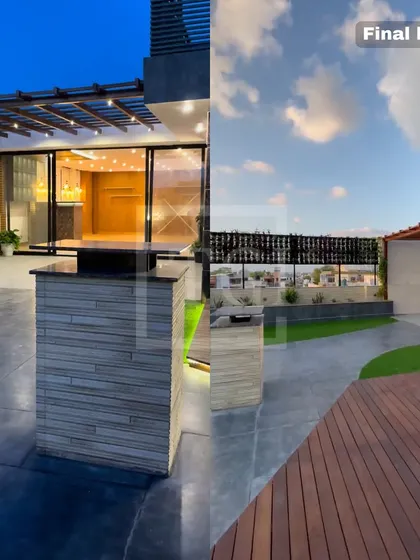 A side-by-side comparison showing the complete transformation of a terrace. We converted an empty concrete slab into a multi-zone outdoor living area with a wooden deck, green lawn, and a stylish bar counter.