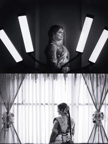 A creative black and white collage of the bride getting ready, using studio lights for a dramatic effect.