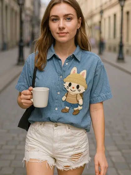 This denim shirt showcases a different Labubu character patch, offering more variety for fans. The shirt itself is a classic button-down style, making it a functional and fun piece for everyday casual wear.