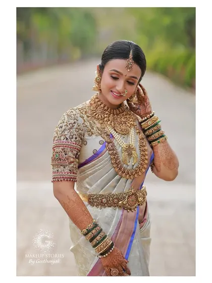 Vishnu Priya looking serene and beautiful. The makeup is soft and glowing, enhancing her features without looking heavy, which is my signature style.
