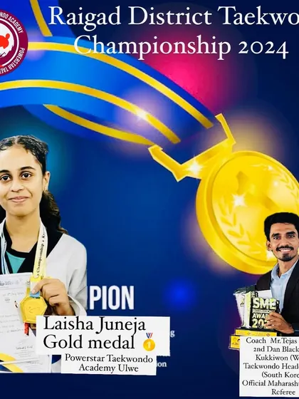 This is what we work for. Laisha Juneja, one of my dedicated students, winning a gold medal at the Raigad District Taekwondo Championship. This is not just a win, it's a step towards competing at the state and national level.