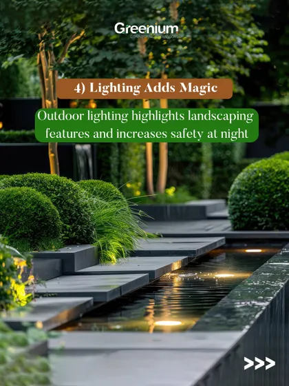 Lighting adds magic to any landscape. Outdoor lighting not only highlights beautiful features like trees and water elements but also increases safety at night.