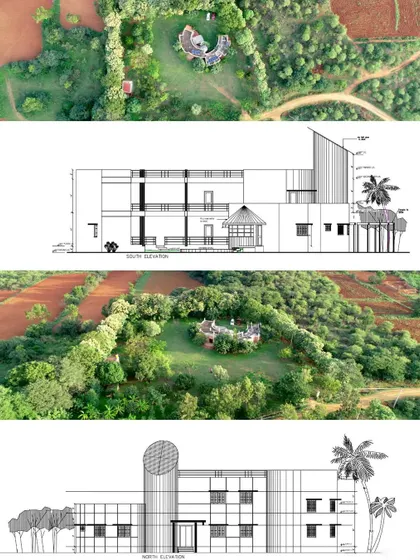 Another view pairing the architectural elevations with aerial photography. This demonstrates the complete design vision, from the structural lines on paper to the final building sitting in its natural environment.