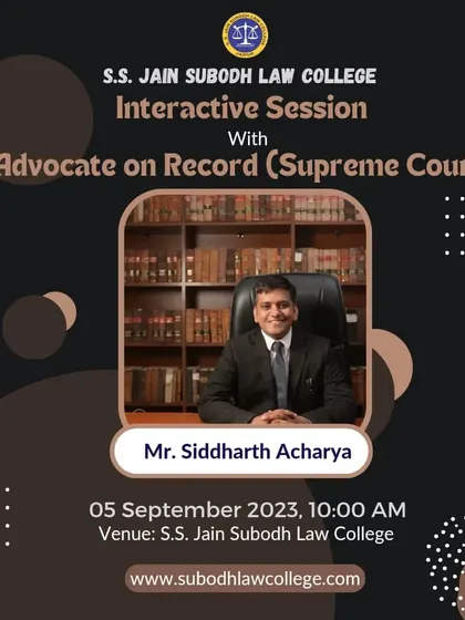 The announcement for my interactive session at S.S. Jain Subodh Law College as an Advocate on Record.