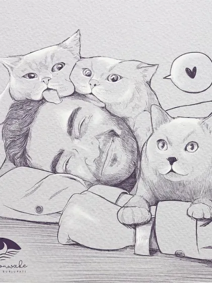 A digital sketch I did for a birthday gift, featuring a family of fluffy cats. I love the feeling of comfort and love in this piece, with all the cats snuggling together.