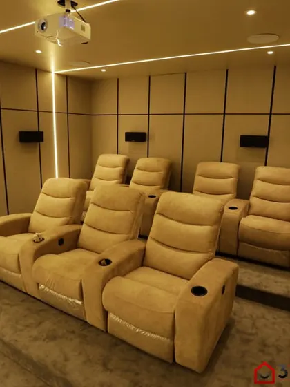 This shot highlights the clean lines of the room, with the vertical LED strips and the neatly arranged recliners on a raised platform.