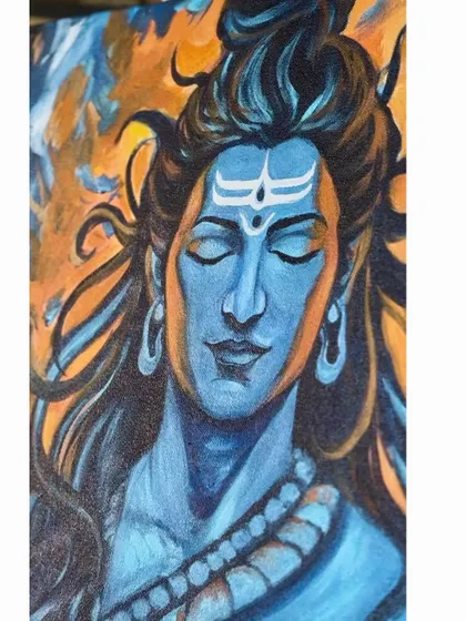 A close-up of Shiva's face from the painting, focusing on his tranquil expression and the Tripundra on his forehead.