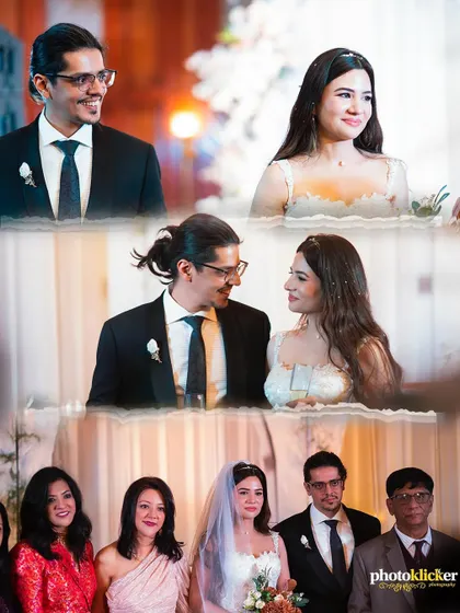 A collage of portraits from a Christian wedding, including family photos and intimate moments between the bride and groom.