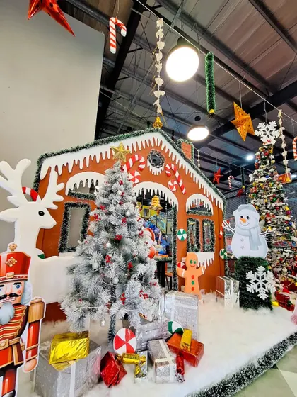 A close-up of our festive Christmas party decor, including a gingerbread house and nutcracker.