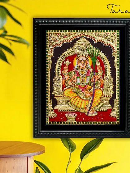 Our Goddess Lalitha Devi Tanjore painting, beautifully displayed, adds a serene and spiritual touch to the space. It's a perfect piece for a meditation corner or a central spot in your home.