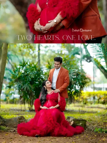 Two hearts, one love. This collage captures both a close-up of the baby bump and the couple's loving interaction during their outdoor maternity session.