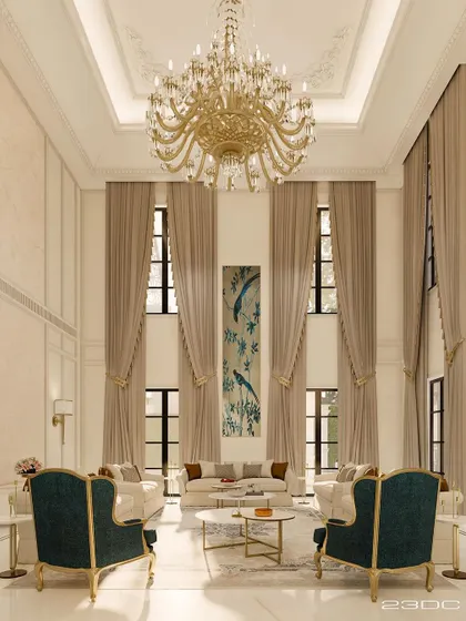 Another view of a grand, double-height living room, where tall windows are dressed with luxurious floor-to-ceiling curtains. The design emphasizes verticality and light, creating a space that feels both majestic and airy.