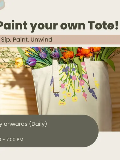 Paint your own tote. This poster from our July workshop calendar features a beautiful tote bag filled with flowers, inspiring you to create your own wearable art.