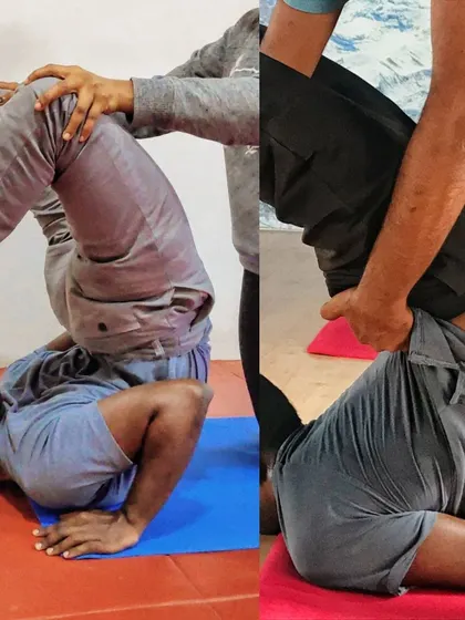 A side-by-side comparison of my Vrischikasana (Scorpion Pose) practice, eleven months apart. The image on the right shows a deeper, more comfortable backbend, a result of consistent, assisted practice.