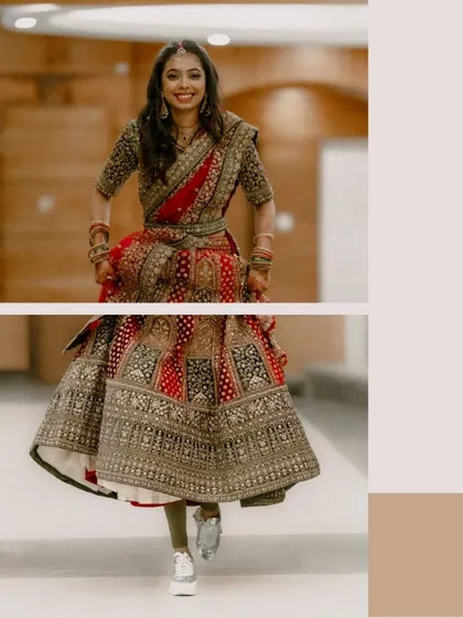 A fun and modern bridal portrait. The bride, in her full lehenga, is captured mid-stride, wearing sneakers. This shot perfectly shows her personality and the joy of the day.