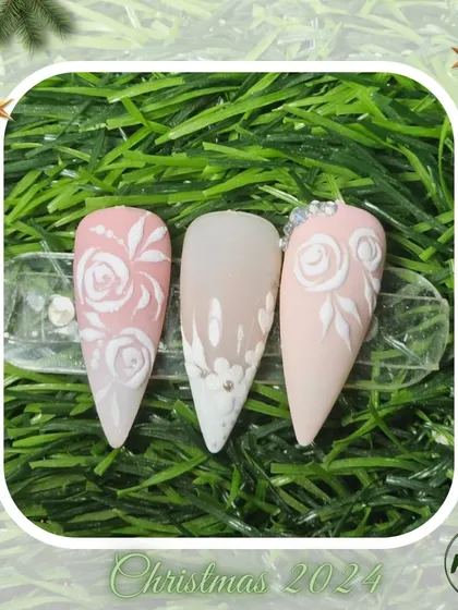 A collection of various nail art designs, from abstract and animal prints to delicate florals and 3D textures, all beautifully framed for the Christmas season.