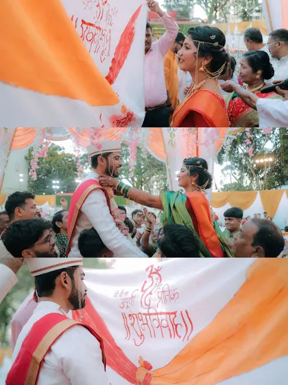 The 'antarpat' ritual, where a cloth separates the bride and groom before they see each other. We capture the anticipation and the traditional significance of this moment.