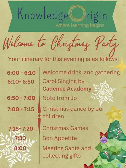 Here is the itinerary for our Christmas party. I ensure our events are well-organized and packed with fun activities, from carol singing to games and a visit from Santa.