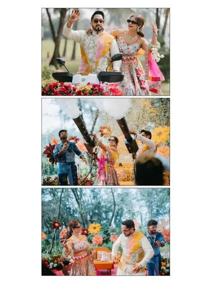 A collage of the couple's grand entrance on a scooter and dancing with smoke guns, showcasing a fun and modern Haldi party.