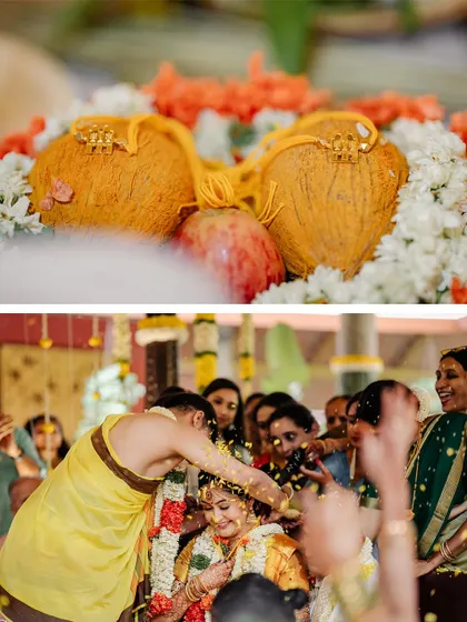 The joyous moment of the couple being showered with blessings and petals. These images capture the pure emotion and celebration of the union.