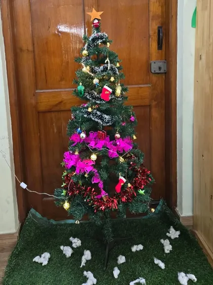 Our school's Christmas tree, decorated with lights and ornaments made by the children. It stands as a bright symbol of the collective joy and creativity of our little Asters.