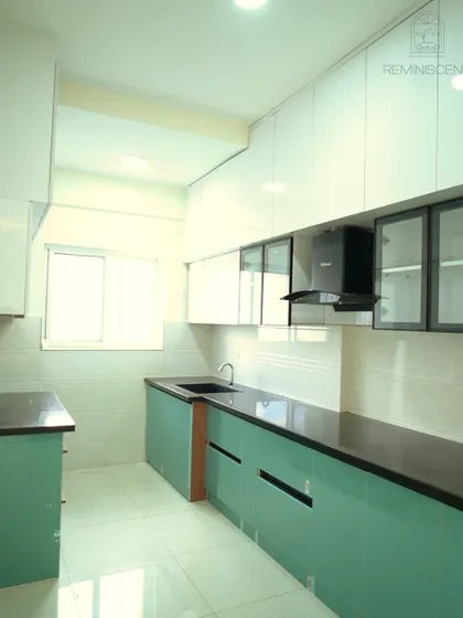 Another shot of the sea-green and white parallel kitchen, emphasizing the clean lines and modern aesthetic. The layout ensures that everything is within easy reach, perfect for a busy cook.