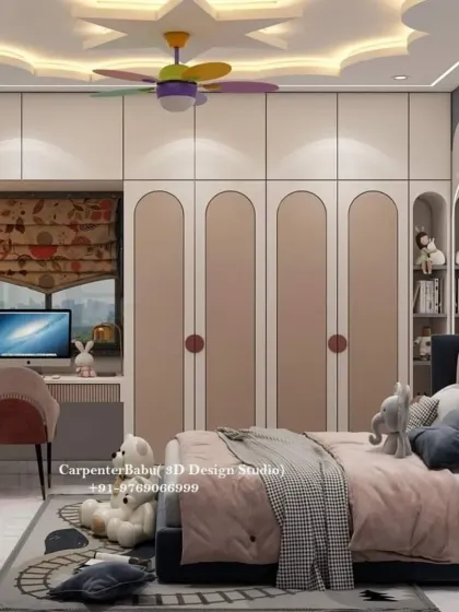 This view shows the functional wardrobe and study area, designed with a soft pink and white color palette and modern arched details.
