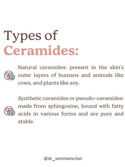 There are two main types of ceramides: natural ones found in skin and plants like soy, and synthetic or pseudo-ceramides. Synthetic versions are often used in skincare because they are stable and pure.