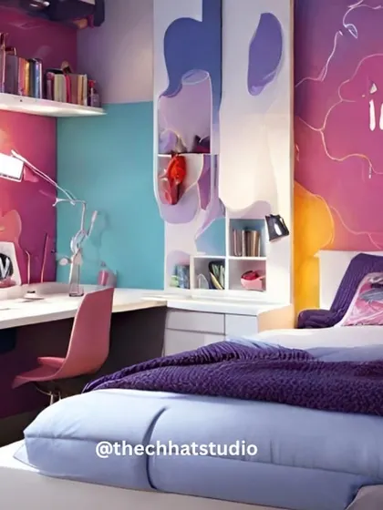 A bedroom for the coolest teen on the block. I used a vibrant color palette with pops of pink and purple, a designated study area, and inspirational wall art to create a space that is stylish, functional, and totally Instagrammable.