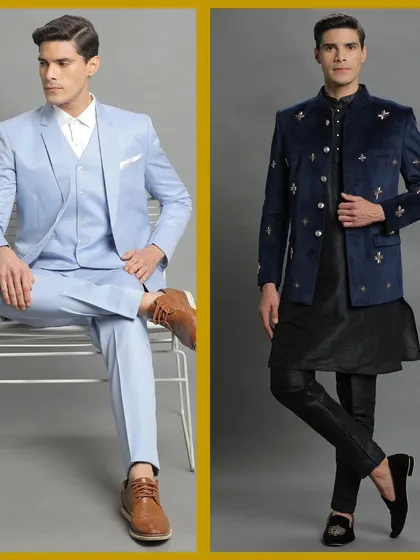 A sky blue three-piece suit and a blue velvet bandhgala. Two distinct styles, one cool color palette.