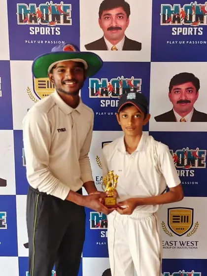 Saketh Hoskeri awarded for his magical spell of 3 wickets for 9 runs in the CN Ravikiran Memorial cup.