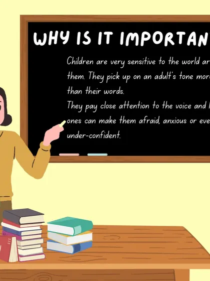 An infographic series on the importance of the educator's tone, explaining why a quiet, respectful, and encouraging voice is crucial for a child's development.