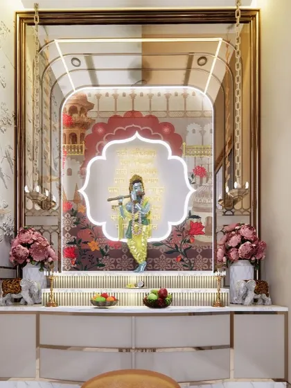 A wider view of the pooja space, showing how it integrates into the home's design. The space is elegant and modern, yet deeply spiritual, with a custom cabinet for storage and beautiful floral arrangements.