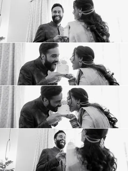 A sequential story in black and white, showing the fun and playful progression of a couple sharing their wedding cake.