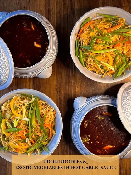 Experience the perfect harmony of flavors with our Veg Udon Noodles, tossed with exotic vegetables in our signature hot garlic sauce.