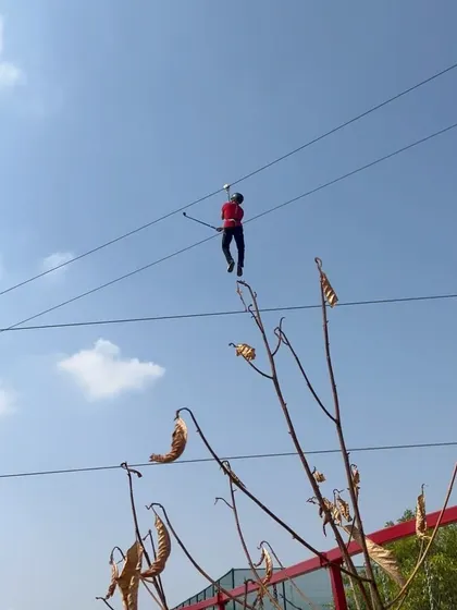 A team member takes on the zipline, a thrilling ride that offers a bird's-eye view of the campsite. This is a highlight for many of our corporate guests, providing a rush of excitement.